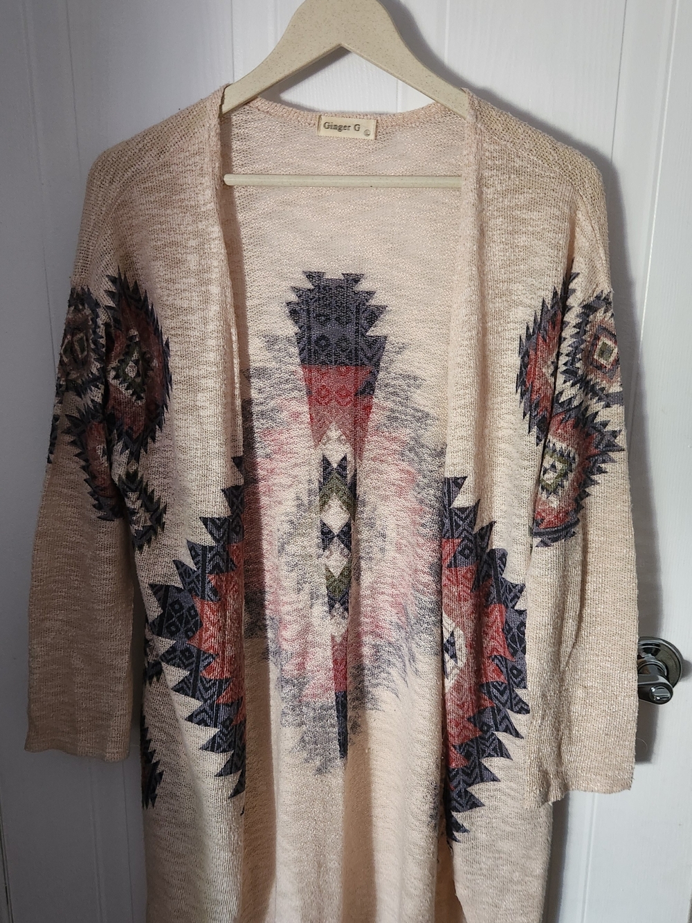Ginger G Cream Open-Front Aztec Knit Cardigan with Navy and Rust Accents